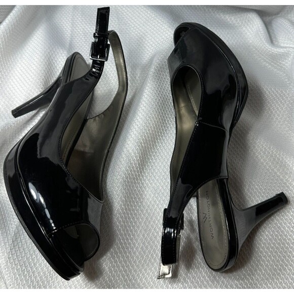 Worthington Shoes Sz 8M BLK SlingBack Patent Adjustable Open Toe Heels Pumps - Picture 10 of 13